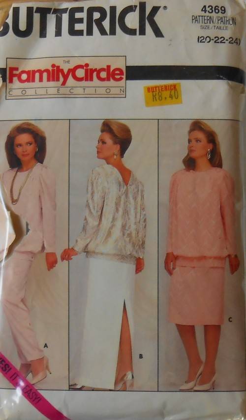 BUTTERICK 4369 TOP-SKIRT-PANTS SIZE 20-22-24 COMPLETE-ZIPLOC