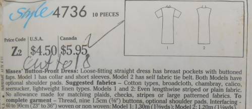 STYLE 4736 BUTTON FRONT DRESS SIZE R 14-16-18  COMPLETE-CUT TO 18