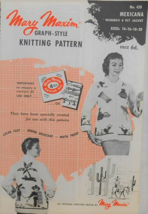 MARY MAXIM GRAPH PATTERN 428 - MEXICANA JACKET SIZES 14-16-18-20