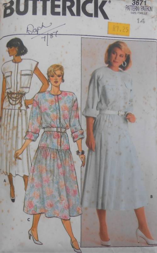 BUTTERICK 3671 LOOSE FITTING BLOUSON DRESS SIZE 14 COMPLETE-UNCUT-F/FOLDED