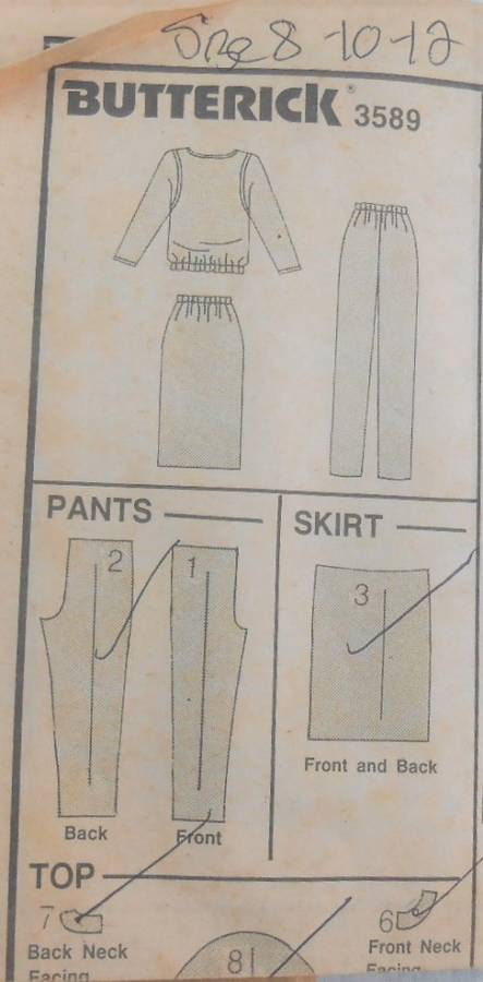 BUTTERICK 3589 TRACKSUIT TOP-PANTS-SKIRT SIZE 8-10-12 COMPLETE- NO COVER IN ZIPLOC BAG