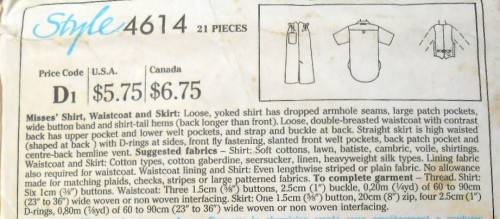 STYLE 4614 SHIRT-WAISTCOAT-SKIRT SIZE 12 COMPLETE-MOSTLY UNCUT-ZIPLOC