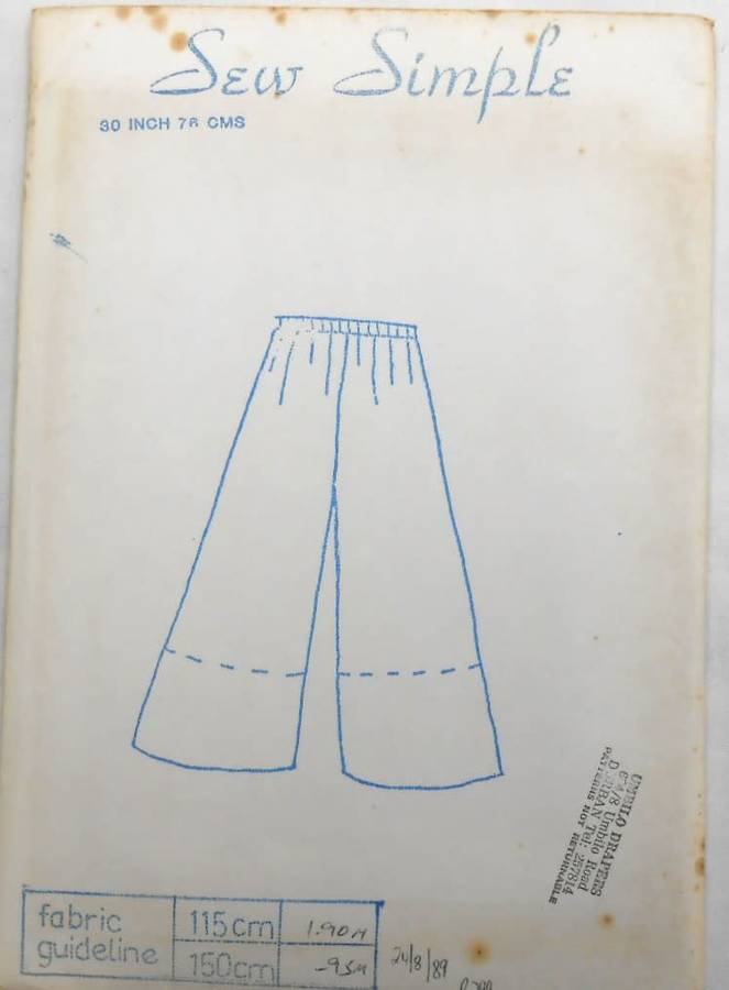 SEW SIMPLE PATTERNS 8  WIDE PANTS & CULOTTES SIZE HIP 30 OR 76 CM  COMPLETE