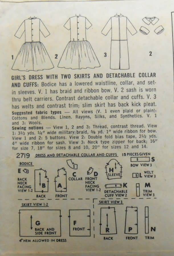 VINTAGE SIMPLICITY 2719 GIRLS DRESS WITH 2 SKIRTS+DETACHABLE COLLAR SIZE 10 YEARS COMPLETE