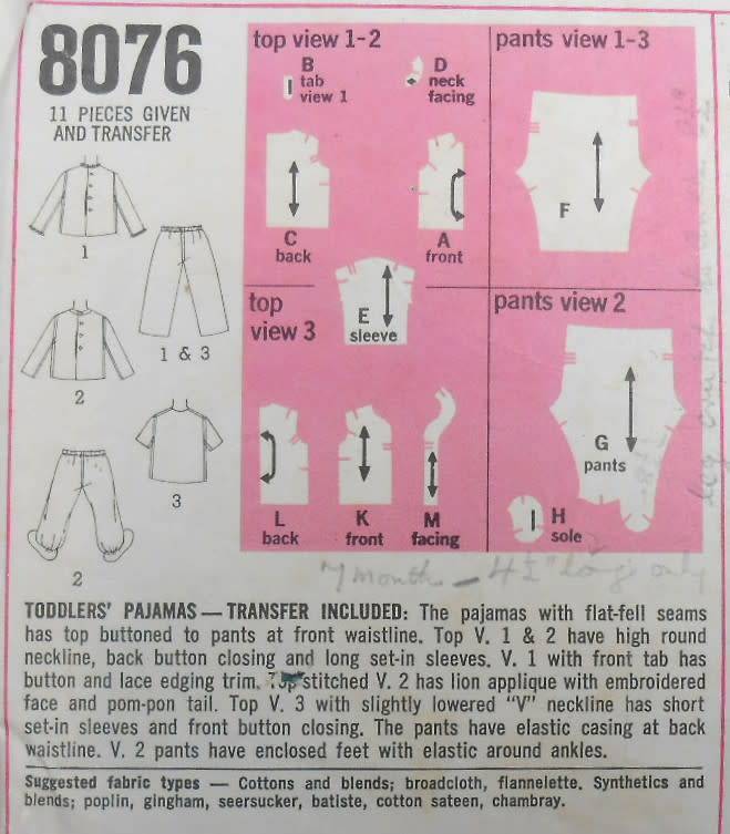 SIMPLICITY 8076 TODDLERS PJS + TRANSFER SIZE 4 YEAR COMPLETE