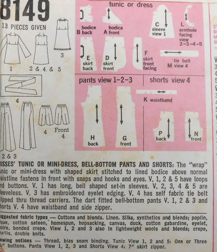 VINTAGE SIMPLICITY 8149 TUNIC-MINI DRESS-BELL BOTTOM PANTS-SHORTS SIZE 14 BUST 36 COMPLETE