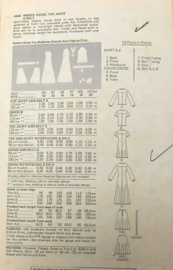 BUTTERICK 4286 DRESS-TOP-SKIRT-BELT SIZE 12 BUST 87 CM- COMPLETE