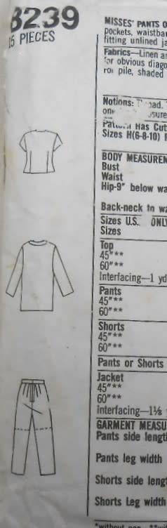 SIMPLICITY 8239 PANTS-SHORTS-TOP-UNLINED JACKET SIZE 12-16 COMPLETE-PART CUT