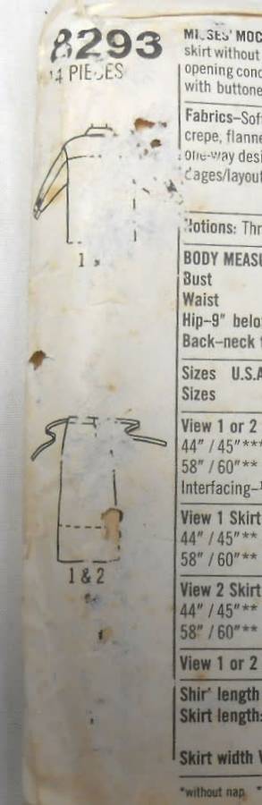 SIMPLICITY 8293 MOCK WRAP SKIRT-VERY LOOSE FITTING SHIRT SIZE 12 COMPLETE-PART CUT