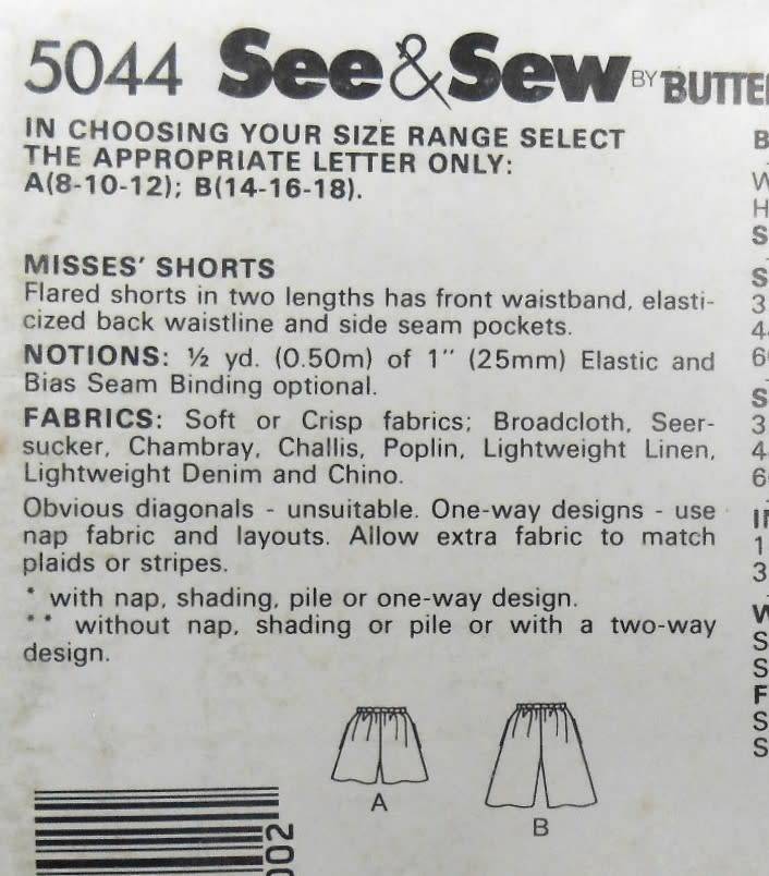 BUTTERICK 5044 SHORTS SIZE 14-16-18 COMPLETE-UNCUT-F/FOLDED