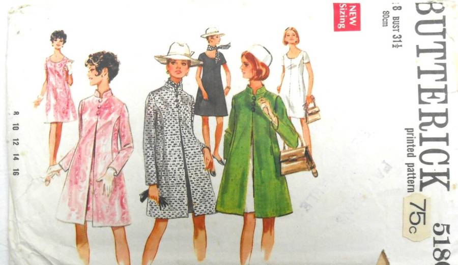 VINTAGE BUTTERICK 5180 ONE PIECE DRESS & COAT - SIZE 8 BUST 31 1/2 COMPLETE