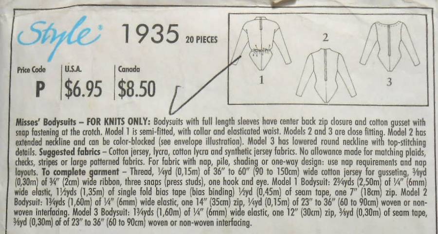 STYLE 1935 -BODYSUITS FOR KNITS SIZE 6-16 COMPLETE