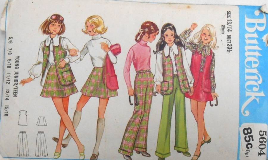 VINTAGE BUTTERICK 5604 GIRLS TEEN WAISTCOAT-SKIRT-PANTS  SIZE 13/14 YRS BREAST 33 1/2 -COMPLETE