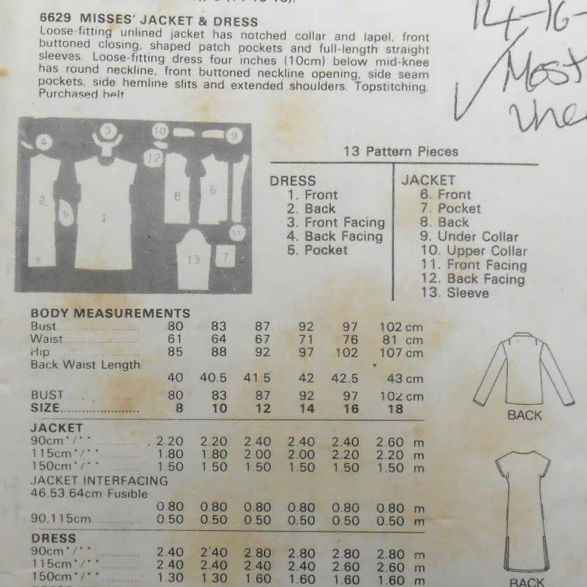 BUTTERICK 6629 JACKET-DRESS SIZE 14-16-18  COMPLETE-MOSTLY UNCUT