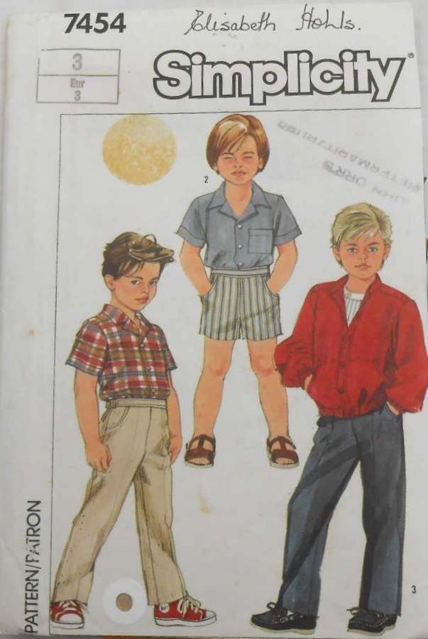 SIMPLICITY 7454 BOYS PANTS-SHORTS-SHIRT-UNLINED JACKET SIZE 3 YEARS COMPLETE-ZIPLOC