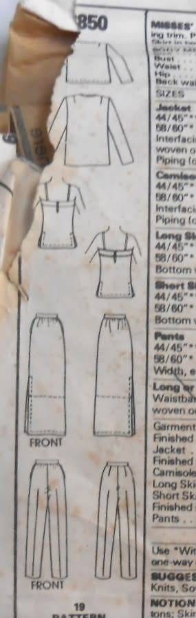 McCALLS 6850 JACKET-SKIRT-PANTS-CAMISOLE SIZE 12 BUST 34 COMPLETE-NO SEWING INSTRUCTIONS- ZIPLOC