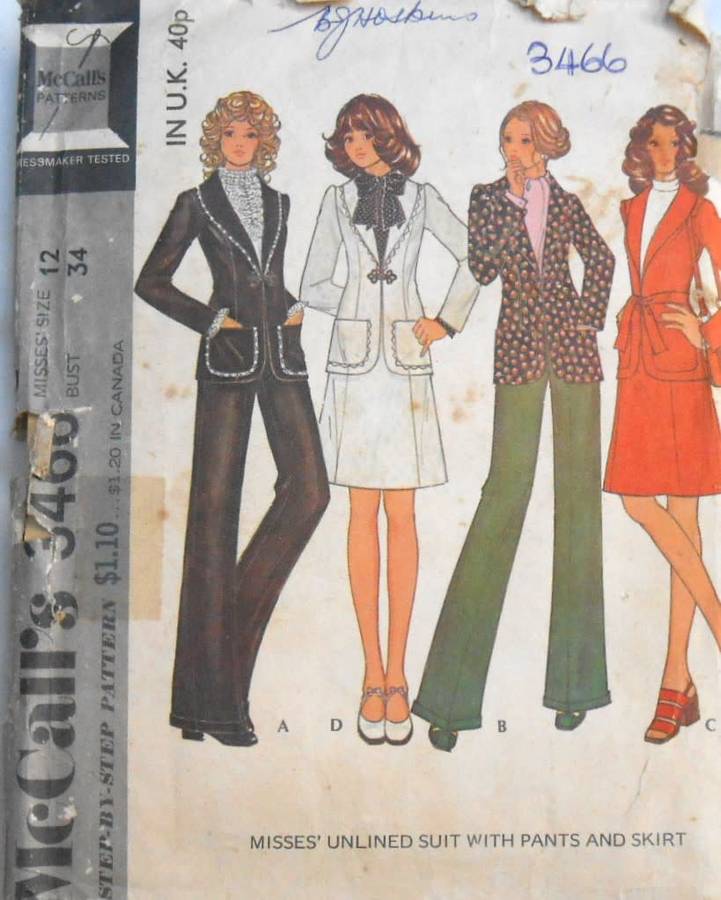 McCALLS 3466 UNLINED SUIT WITH SKIRT-PANTS SIZE 12 BUST 34 COMPLETE-ZIPLOC