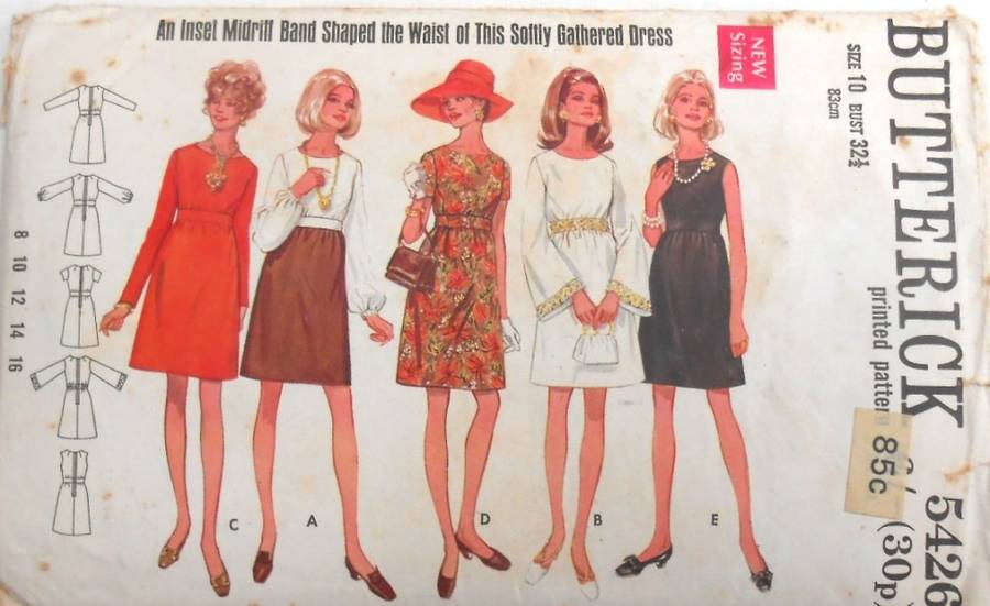 VINTAGE BUTTERICK 5426 ONE PIECE DRESS SIZE 10 BUST 32 1/2 COMPLETE