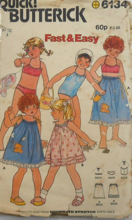 BUTTERICK 6134 GIRLS COVER UP-SWIMSUIT-BIKINI SIZE 3 YEARS  COMPLETE-ZIPLOC