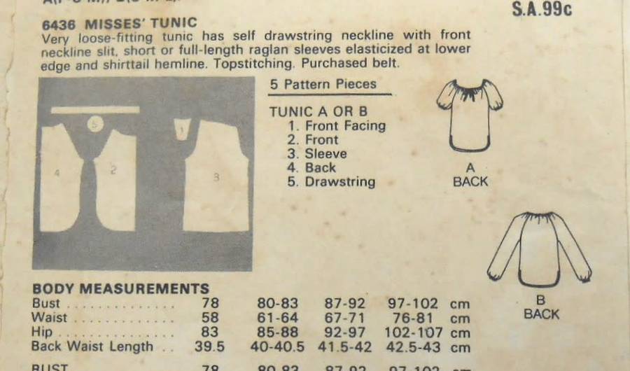 BUTTERICK 6436 TUNIC SIZE P-S-M (6-14)  COMPLETE-CUT TO SMALL 8-10