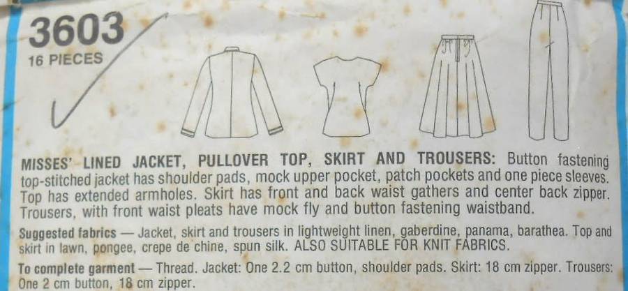 STYLE 3603 LINED JACKET-PULLOVER TOP-SKIRT-PANTS SIZE 16 COMPLETE