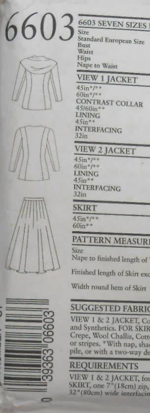 NEW LOOK PATTERNS 6603  JACKET WITH SCARF/COLLAR & SKIRT SIZE-8-20-COMPLETE-UNCUT-F/FOLDED