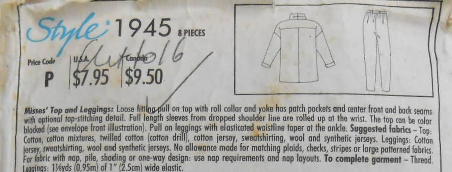 STYLE 1945 TOP & LEGGINGS SIZE 8-20 COMPLETE-CUT TO 16-ZIPLOC