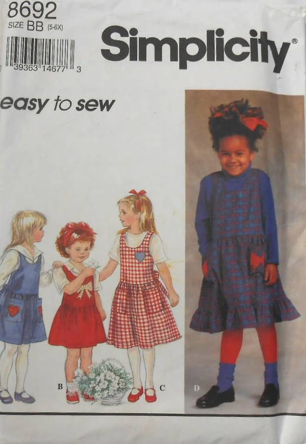 SIMPLICITY 8692 GIRLS PINAFORE WITH APPLIQUE SIZE 5-6X YEARS COMPLETE-CUT TO 6X YEARS