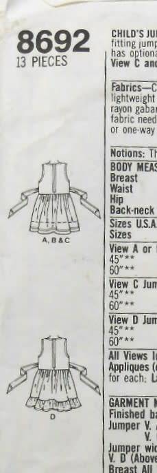 SIMPLICITY 8692 GIRLS PINAFORE WITH APPLIQUE SIZE 5-6X YEARS COMPLETE-CUT TO 6X YEARS