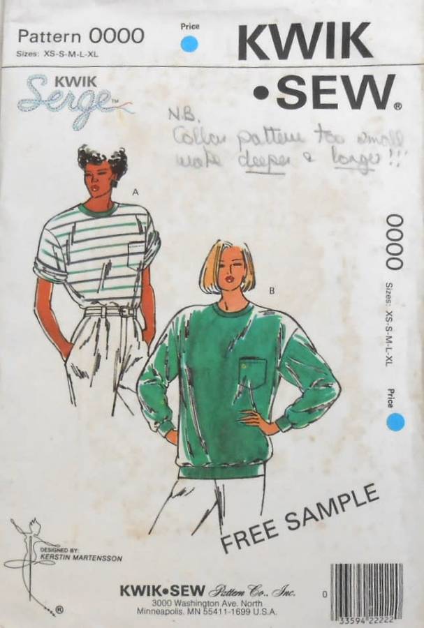 KWIK SEW PATTERN 0000 T-SHIRT-LONG SLEEVE SWEATSHIRT SIZE XS-S-M-L-XL COMPLETE-CUT TO L