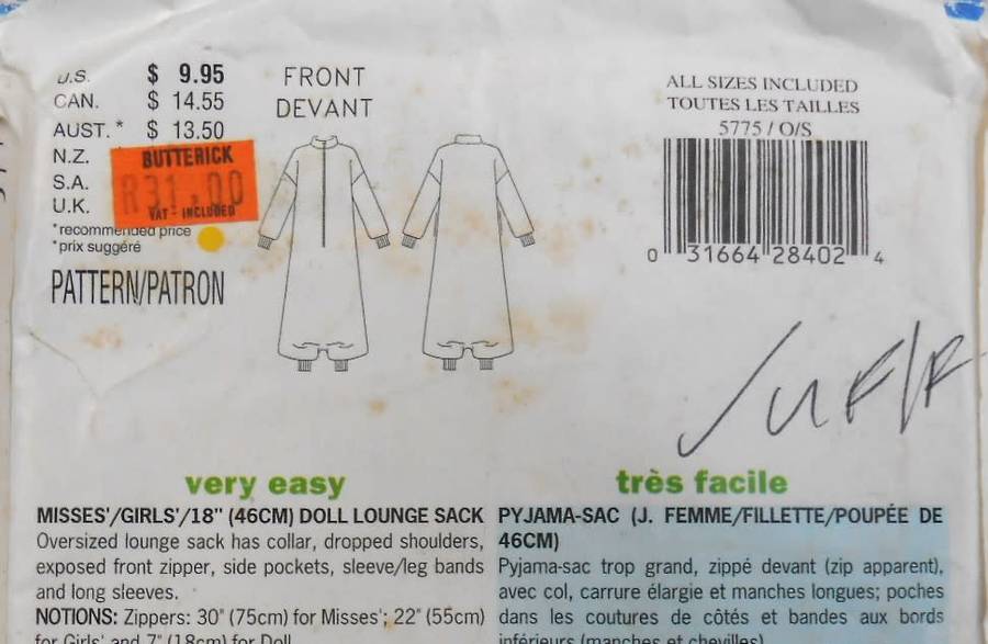 BUTTERICK 5775 MUM-DAUGHTER & DOLL 18 INCH LOUNGE SACK SIZE XS-S-M-L (6-18) COMPLETE-UNCUT-F/FOLDED