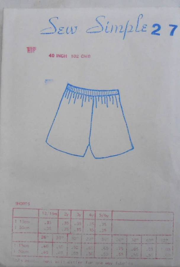 SEW SIMPLE 27 SHORTS SIZE 40 OR 102 CM  COMPLETE