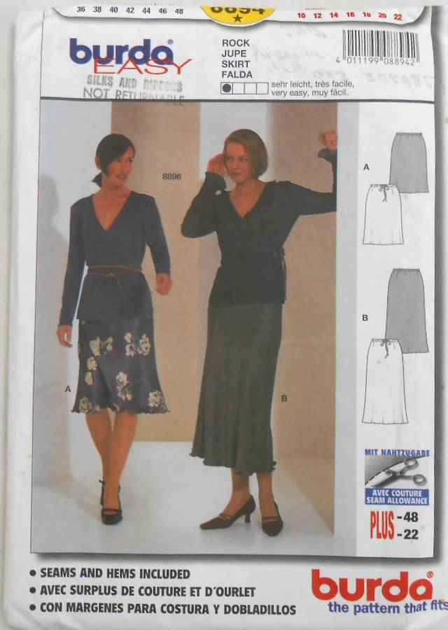 BURDA 8894 SKIRTS WITH DRAWSTRING WAIST SIZES 10-22 COMPLETE-UNCUT-F/FOLDED