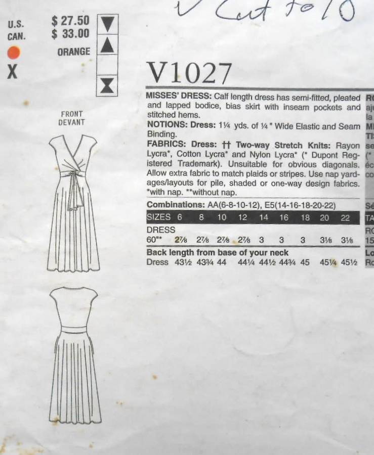 VOGUE V1028 DYNY DRESS WITH SEMI FITTED LAPPED BODICE SIZE 14-22 COMPLETE-CUT TO 18