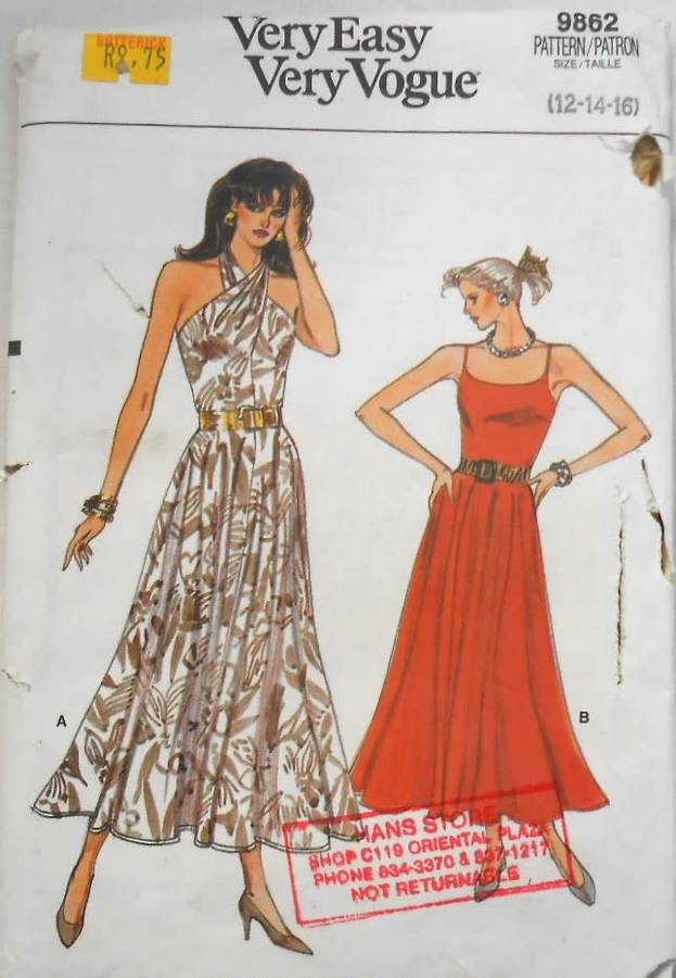 VOGUE 9862 SUMMER DRESS WITH NECKLINE OR SHOULDER STRAPS SIZE 12-14-16 SEE LISTING