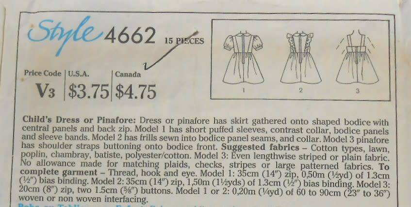 STYLE 4662 TODDLER DRESS OR PINAFORE SIZE 2-3-4 YEARS COMPLETE-CUT TO 4 YEARS