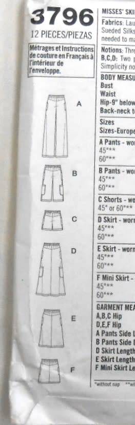 SIMPLICITY 3796 SKIRT IN 3 LENGTHS-PANTS OR SHORTS IN 2 LENGTHS SIZE 8-16-COMPLETE-UNCUT-F/FOLDED