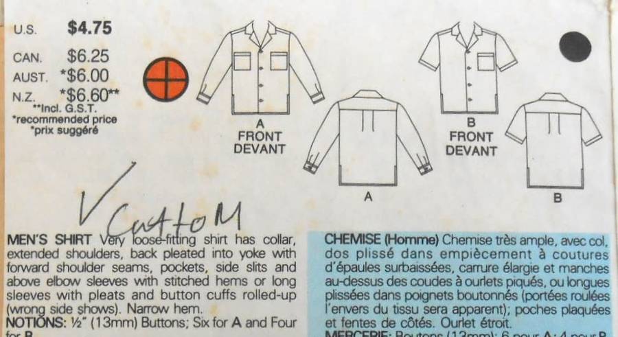 BUTTERICK 4315 MENS SHIRT SIZE XS-S-M (30-40)  COMPLETE -CUT TO SIZE M (38-40) ZIPLOC