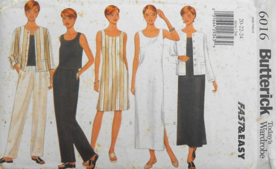 BUTTERICK 6016 JACKET-DRESS-TOP-PANTS SIZE 20-22-24 COMPLETE-UNCUT-F/FOLDED