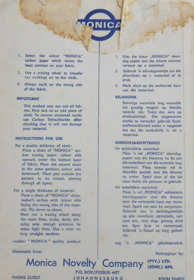 MONICA DRESS MAKERS CARBON TRACING PAPER CONTAINS 4 SHEETS- RED-ORANGE-BLUE-WHITE 6 1/2 X 19 1/2