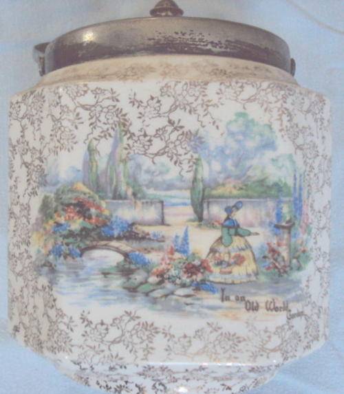 VINTAGE ENGLISH EPNS SILVER & PORCELAIN MUSICAL BISCUIT BARREL WITH LID & HANDLE-SEE PICS