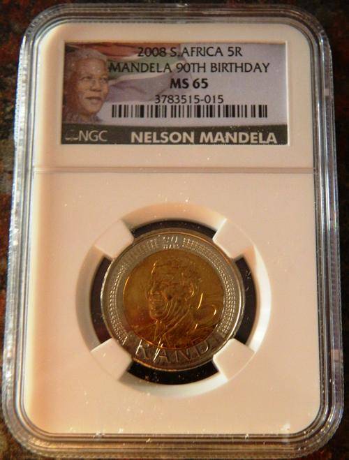 NEW NGC COLOR LABEL - 2 X MS65 - NEW LOOK - BID PER COIN - MANDELA 90th 2008 R5 COINS
