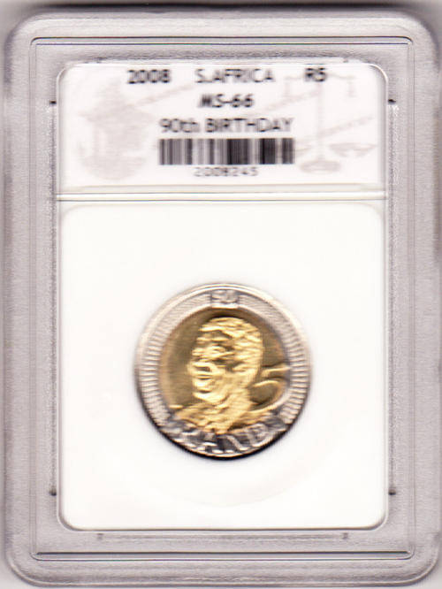 @@ 2 AVAILABLE x MS66 - SACGS GRADED - MANDELA BIRTH DAY 2008 R5 COIN @@