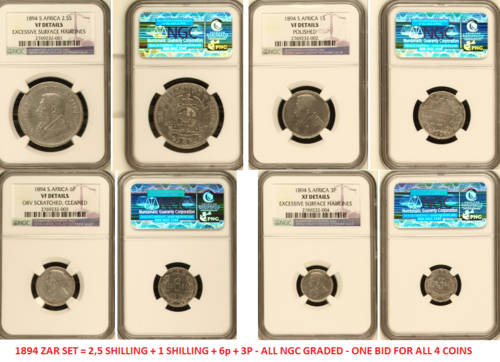 1894 ZAR SET - NGC GRADED  - TRUE IMAGES - 2,5 SHILLING + 1 SHILLING + 6p + 3p - all for one bid