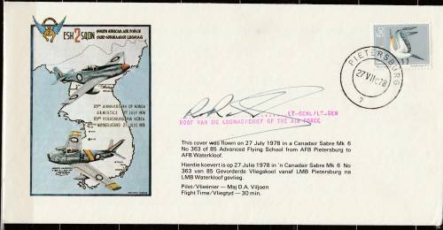 SOUTH AFRICA AIR FORCE FLIGHT COVER No1 25TH ANNIV OF KOREA ARMISTACE SIGNED LT-GENERAL AIR FORCE