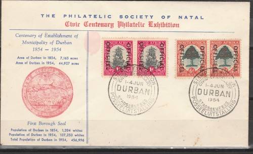 SOUTH AFRICA 1954 FRANKED WITH SACC#42,45 OFFICIAL OVERPRINTS ON ILLUSTRATED DURBAN STAMP EXH.SCARCE