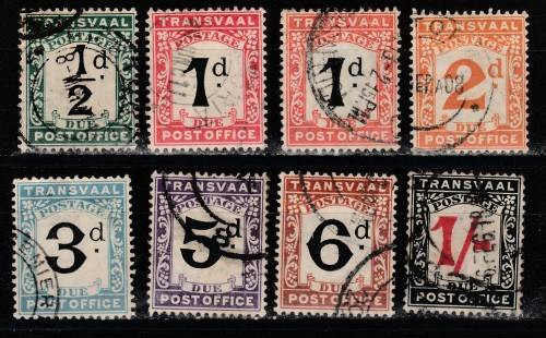 TRANSVAAL 1907 ISSUE SACC#1/7 FULL SET F.U. AND VARIETY 1d COLOUR C/V R860.00++++ LOOK SCAN.