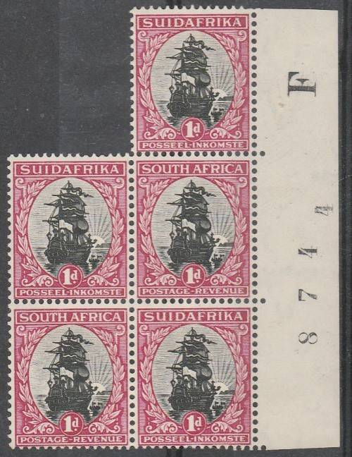 SOUTH AFRICA 1930 ISSUE SACC#43 MINT* MARGIN BLOCK WITH THE SHEET NO and `F` PRINTING LOOK SCAN 2