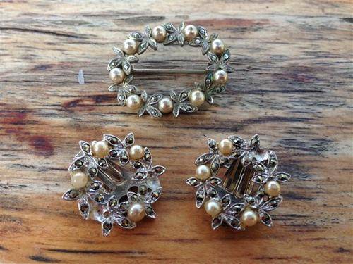 Beautiful Set of Earrings and Matching Brooch with Marcasite and Bead Detail