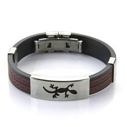 Stainless Steel Lizard Black Silicone Bangle Cuff Bracelet Wristband